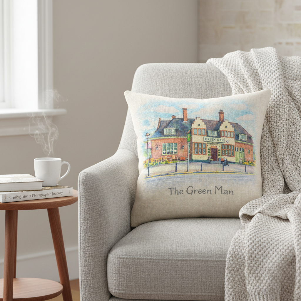 Harborne - Cushion - Artistic Illustration Design - The Green Man Pub