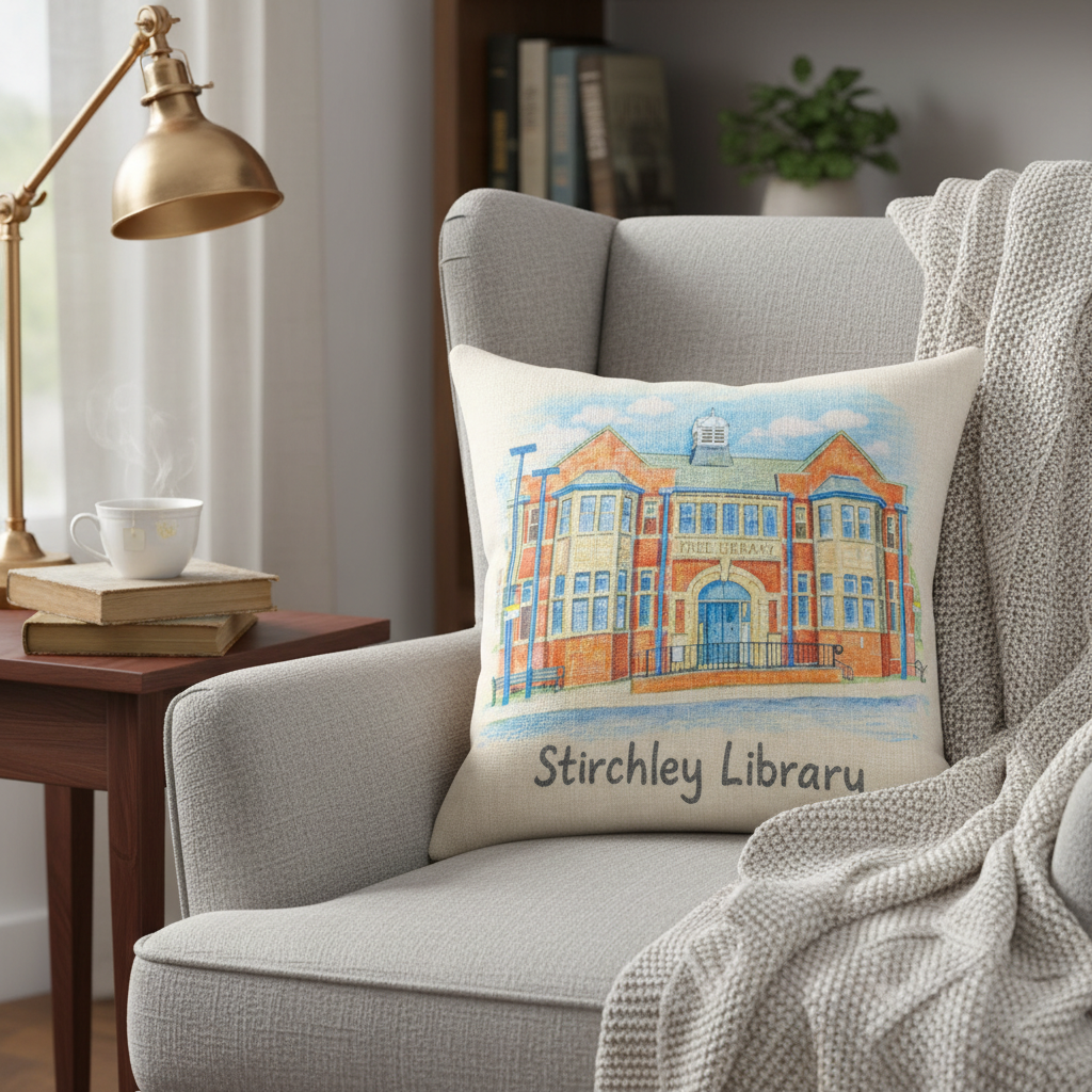 Stirchley - Cushion - Artistic Illustration Design - Stirchley Library