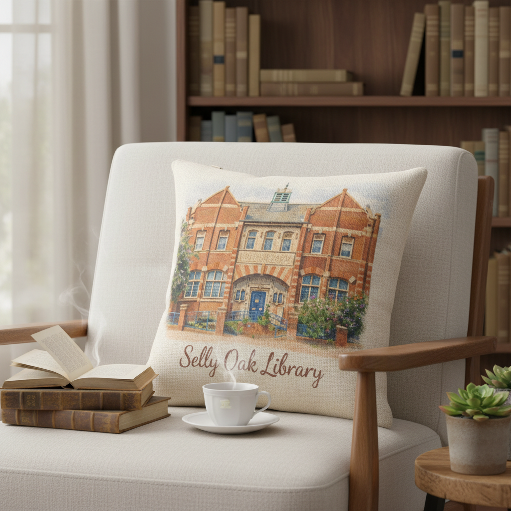 Selly Oak - Cushion - Stylised Painting Design - Selly Oak Library