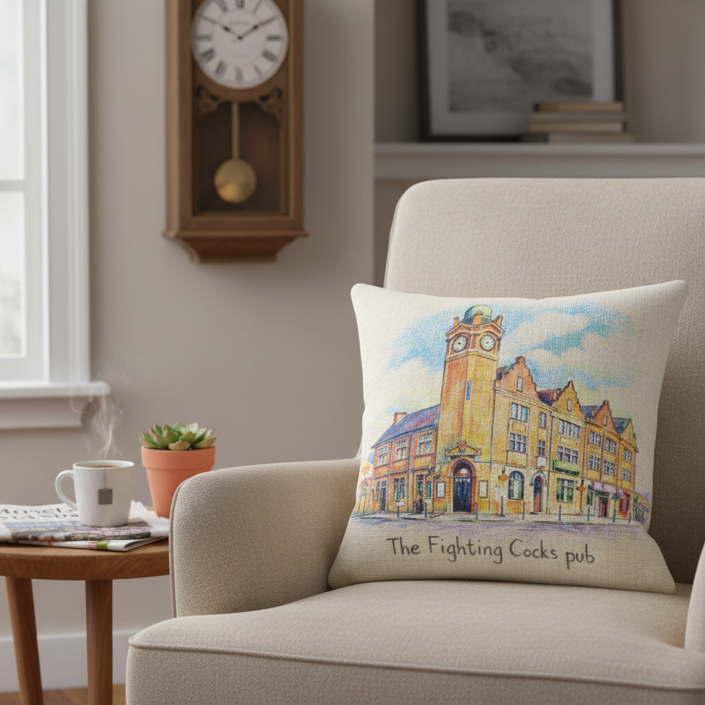 Moseley - Cushion - Artistic Illustration Design - The Fighting Cocks Pub