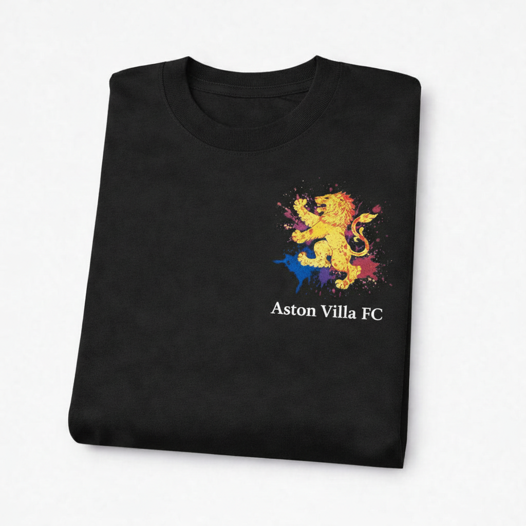 Men's Navy Blue T-Shirt with Yellow Lion Graphic - Aston Villa Fan Gift - Unique Lionheart Splash Design