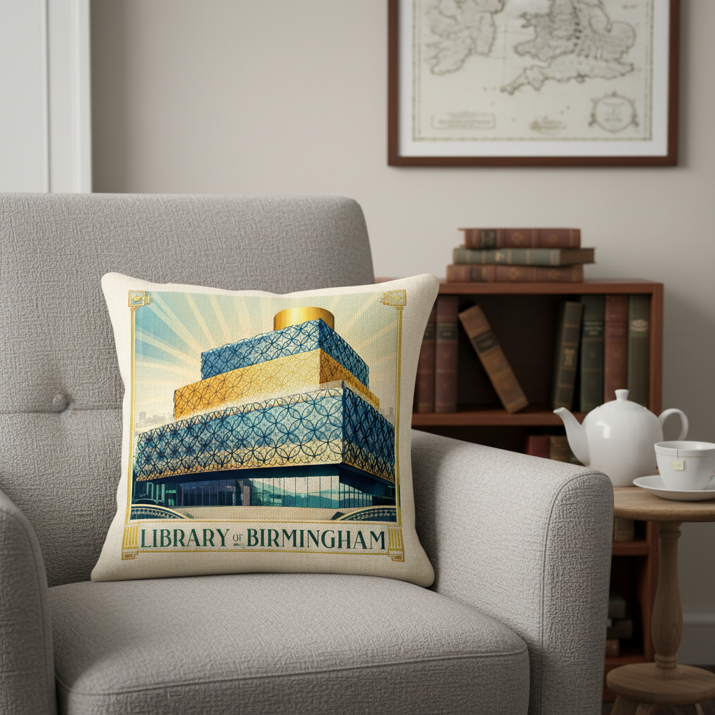 Golden Bibliotheca Linen Effect Cushion Cover Gift - Unique Birmingham Cushion with Geometric Gold & Blue Design