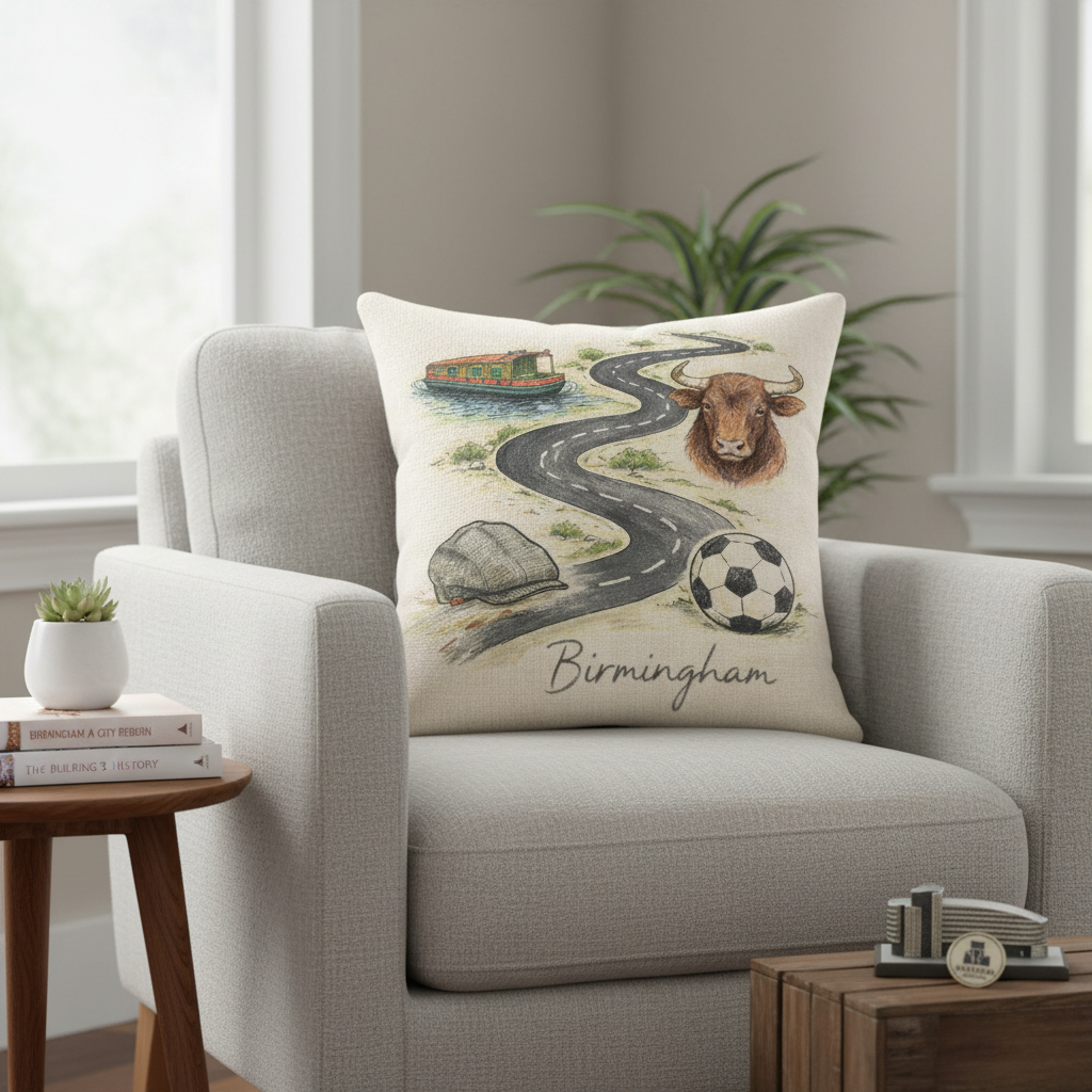 Birmingham Linen Effect Cushion Cover Gift - 40cm x 40cm, City Collage Charm Illustrations, Unique Home Decor
