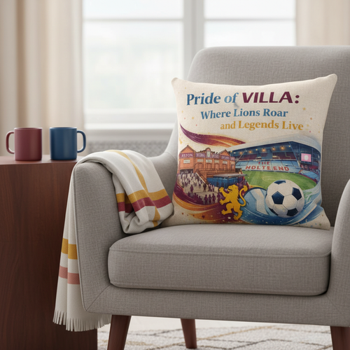 Aston Villa Football Linen Effect Cushion Cover Gift - 40cm x 40cm Lionheart Vibes for Fans