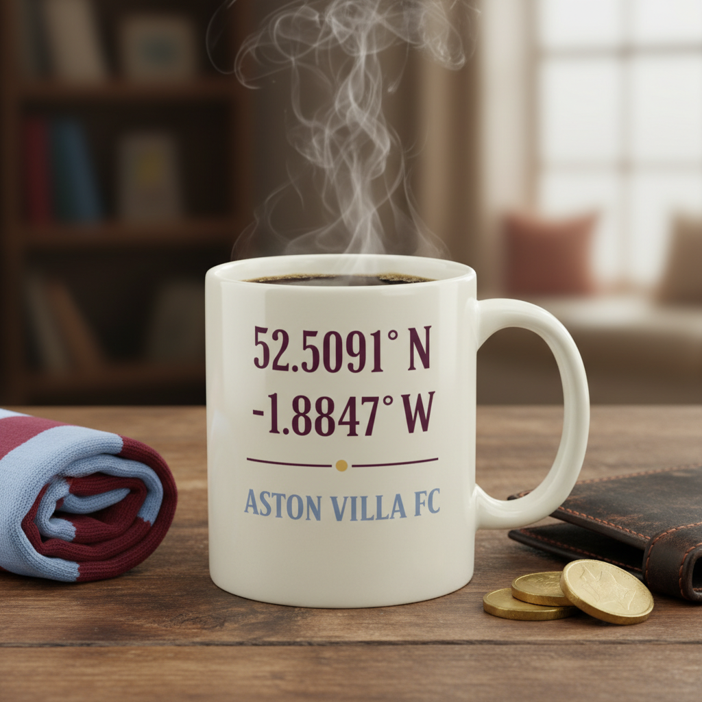 Aston Villa FC White Ceramic Mug Gift - Minimalist Football Supporter Cup with Coordinates Design