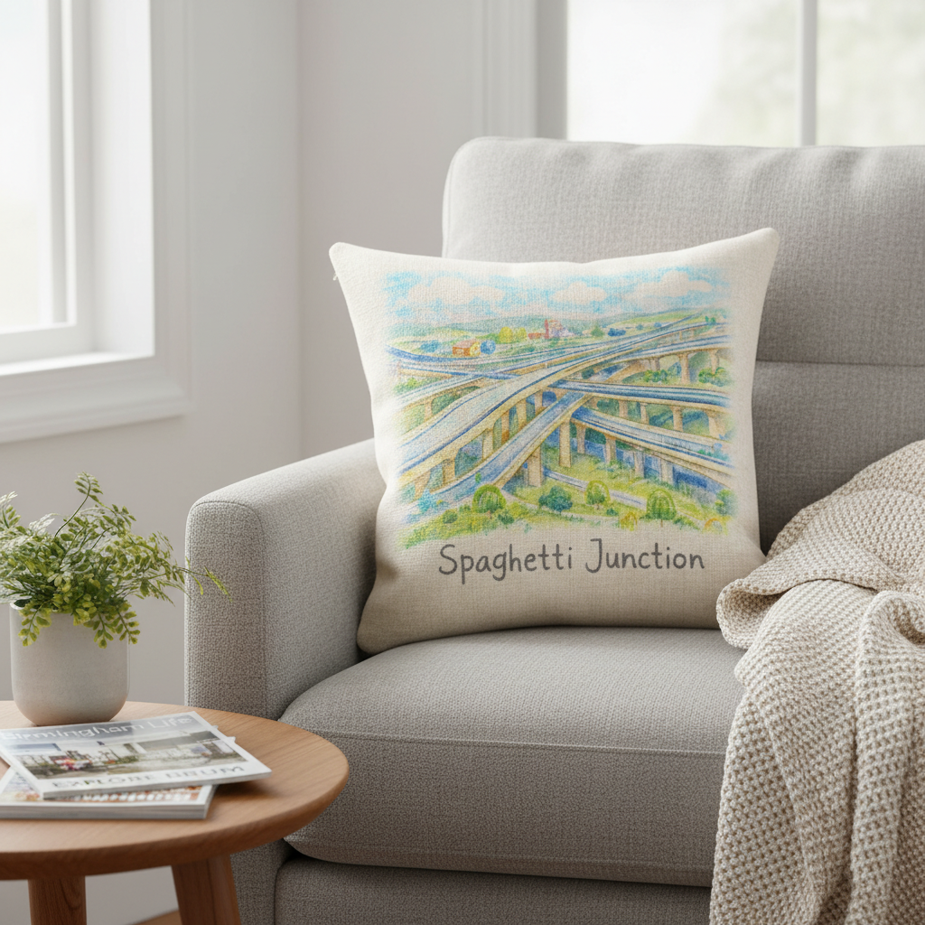 Birmingham Cushion Linen Effect Gift - Unique Spaghetti Junction Illustration Home Decor