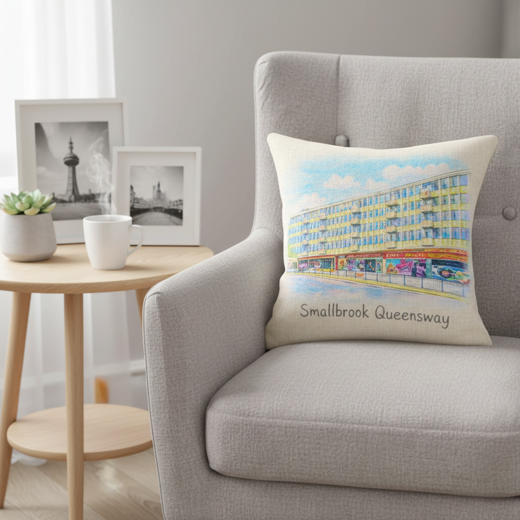 Birmingham Cushion Gift - Linen Effect Square Cover with Pastel Cityscape Illustration for Home Decor