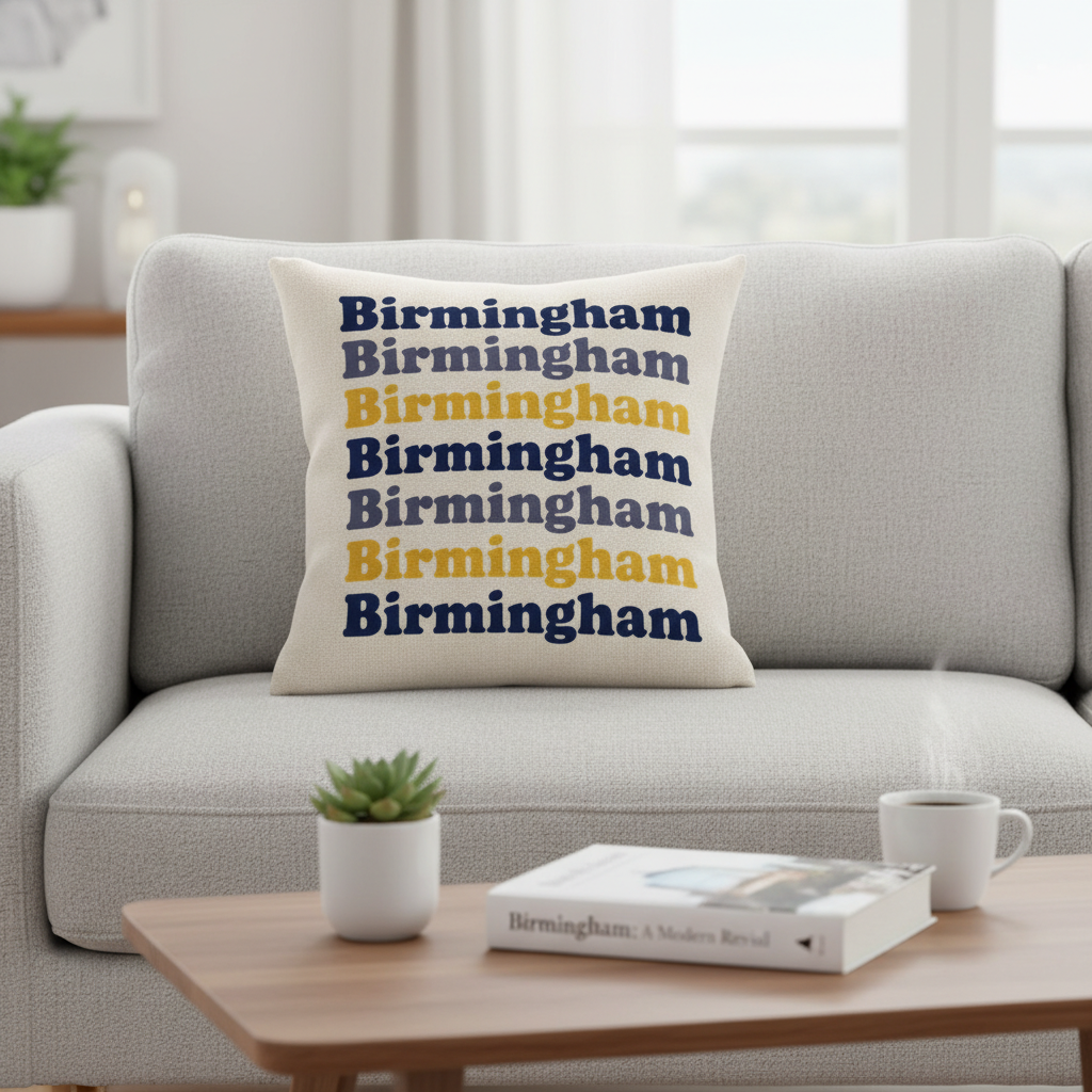 Modern Linen-Effect Cushion Cover Gift - 40cm Square Birmingham Design in Navy, Mustard, Grey