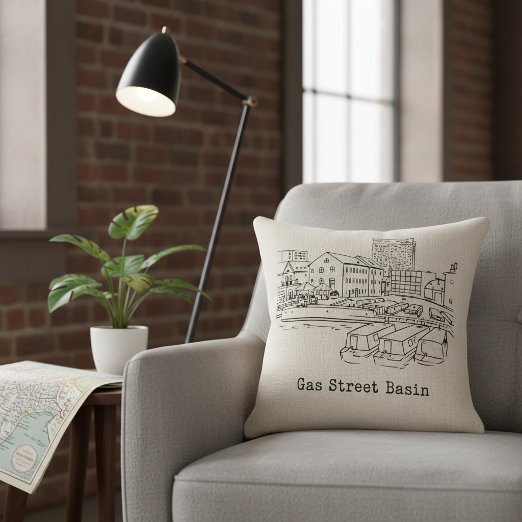 Birmingham Cushion Cover Gift - Linen Effect Square Decor for Home - Minimalist Gas Street Basin Line Art Design