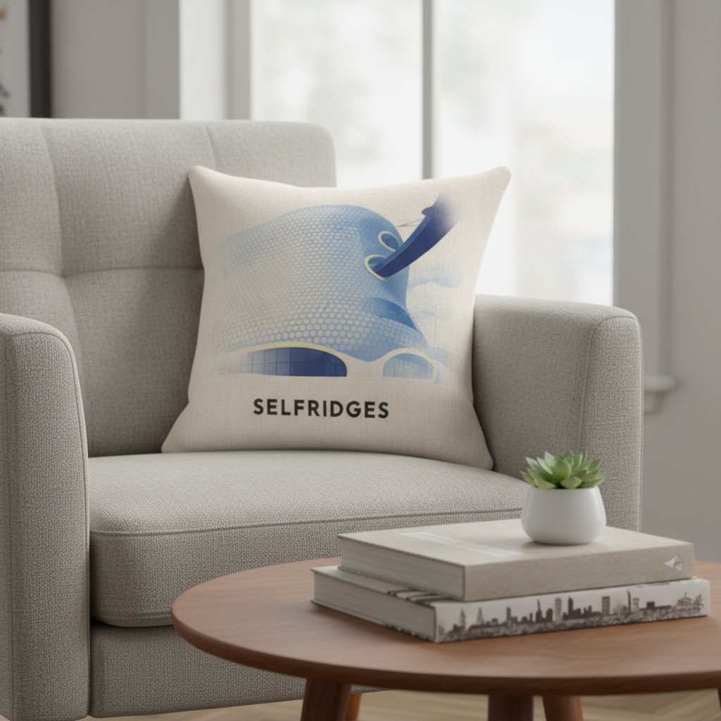 Birmingham Linen Effect Cushion Cover Gift - Urban Disc Blue Design Featuring Selfridges Architecture