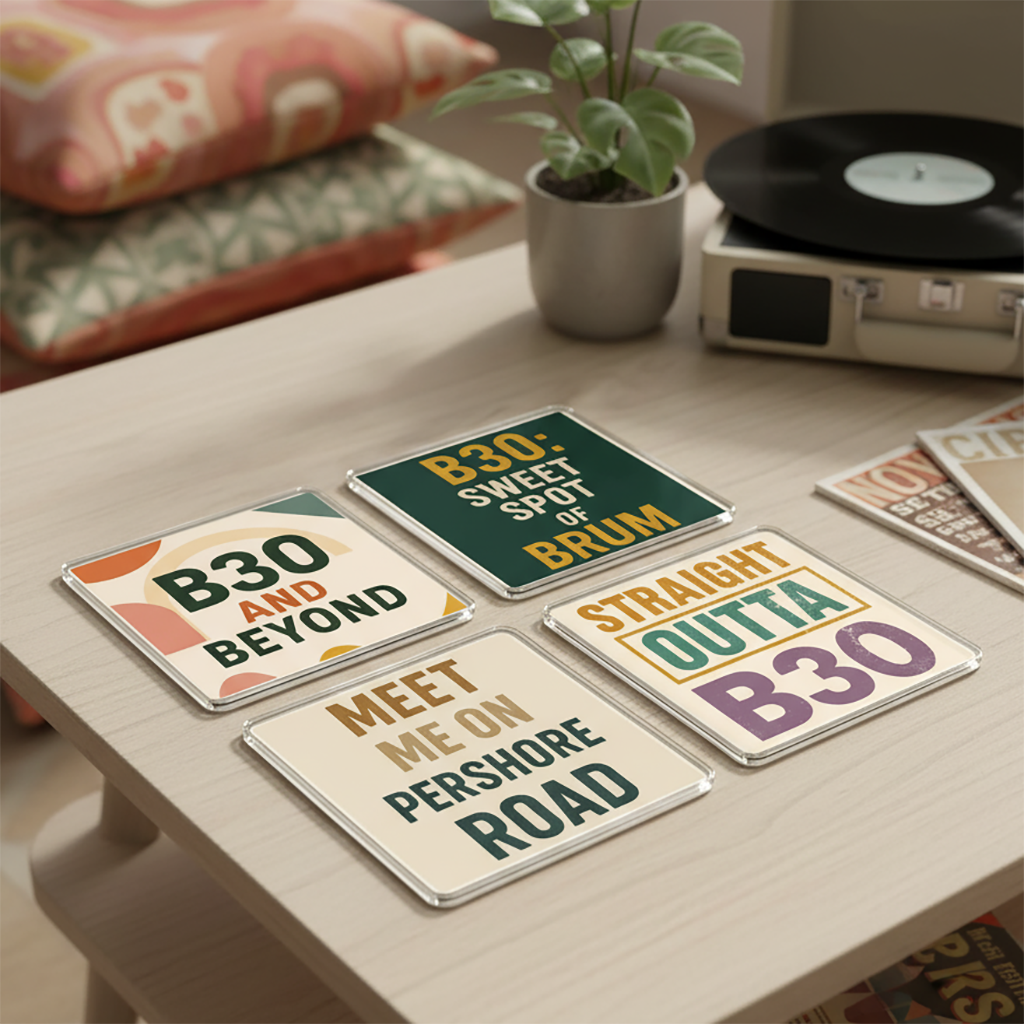 Birmingham Acrylic Coaster Gift Set - Retro Vibe Collection with Vintage Typography for Home Decor Enthusiasts