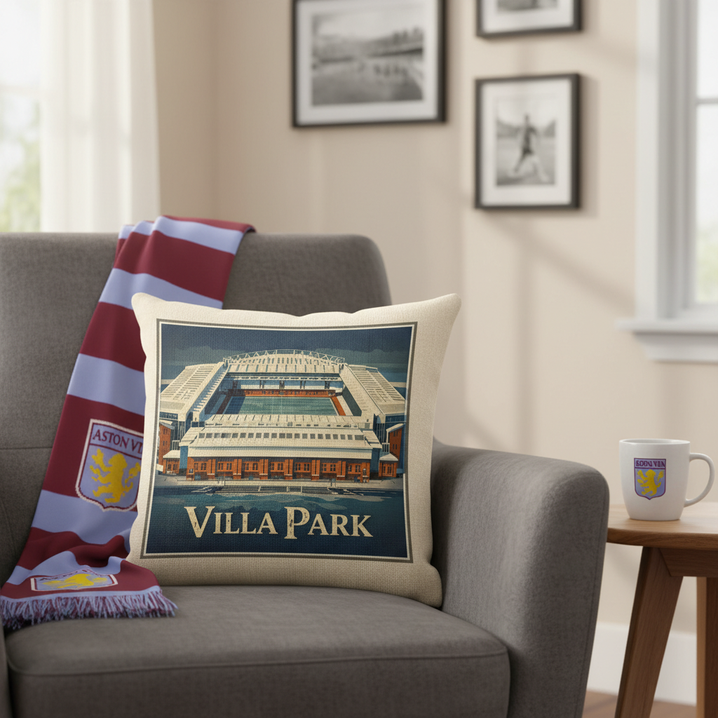 Vintage Linen Effect Cushion Cover Gift - Aston Villa Supporter Home Decor, 40cm x 40cm, Football Fan Illustration