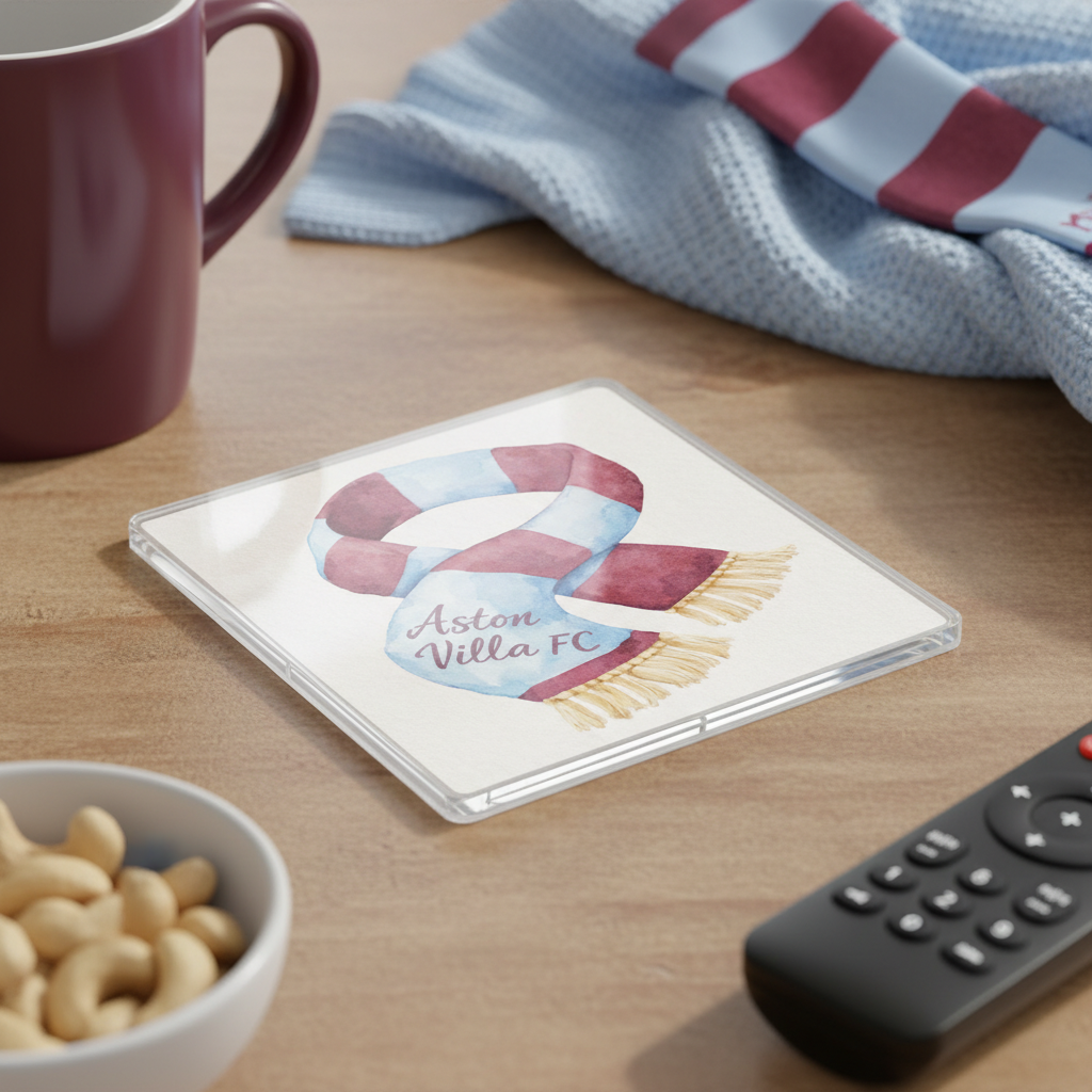 Aston Villa Football Acrylic Coaster Gift - Vibrant Claret and Sky Blue Watercolour Design for Fans