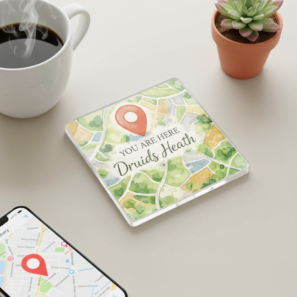 Druids Heath - Coaster - Soft Watercolours - Location Pin