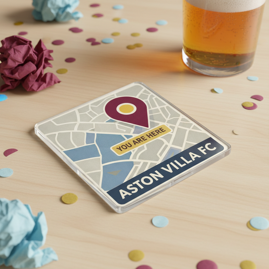 Aston Villa FC Acrylic Coaster Gift - Modern Map Design with 'You Are Here' Pin - Stylish Football Fan Present