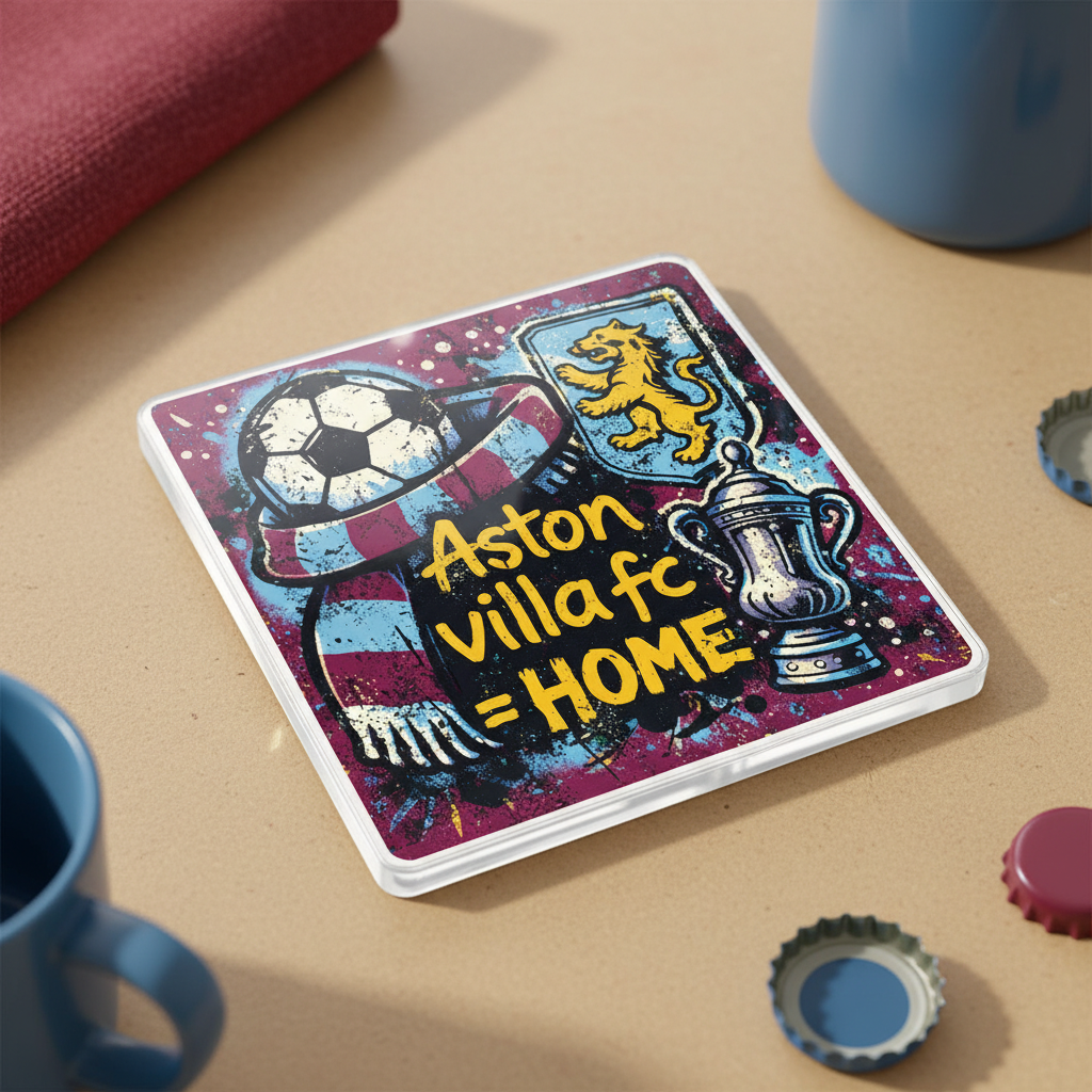 Aston Villa Football Acrylic Coaster Gift - Unique Supporter Design in Maroon & Blue, Ideal Fan Present