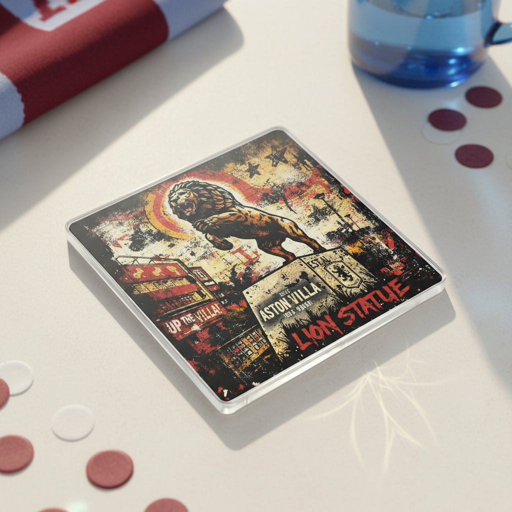 Acrylic Coaster Gift for Aston Villa Football Fans - Vibrant Roar Design with Self-Adhesive Feet
