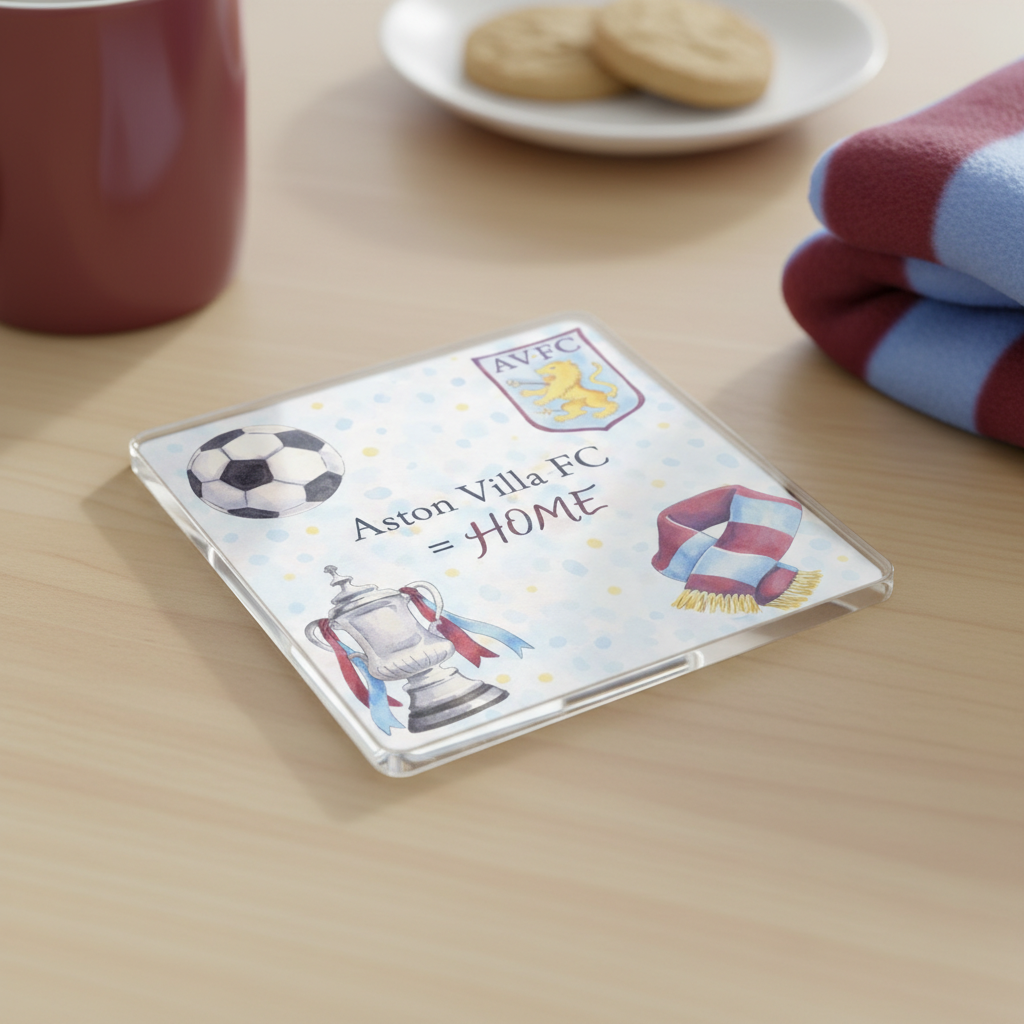 Aston Villa Acrylic Coaster Gift - Celebratory Football Fan Home Decor with Watercolour Design