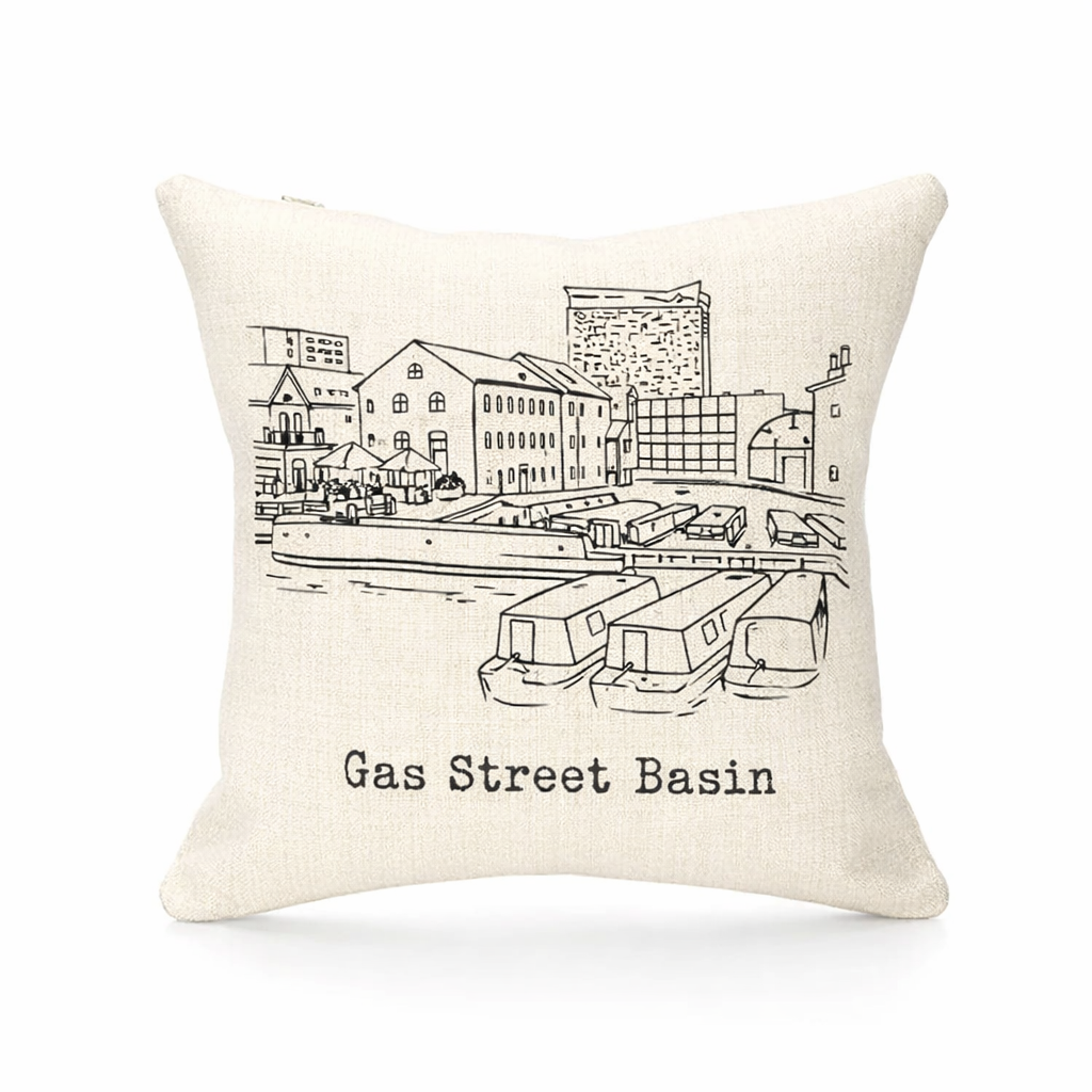 Birmingham Cushion Cover Gift - Linen Effect Square Decor for Home - Minimalist Gas Street Basin Line Art Design
