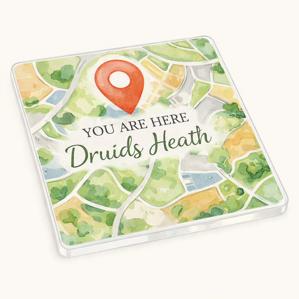 Druids Heath - Coaster - Soft Watercolours - Location Pin