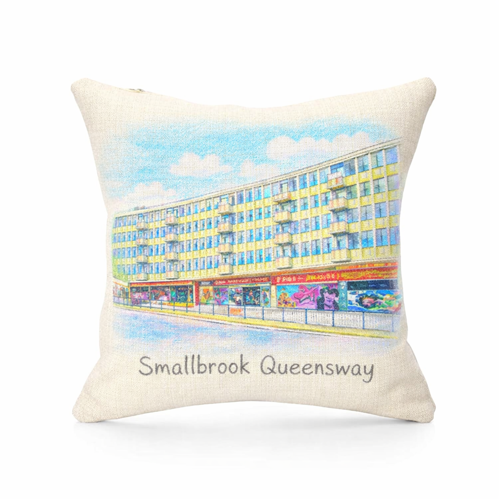 Birmingham Cushion Gift - Linen Effect Square Cover with Pastel Cityscape Illustration for Home Decor