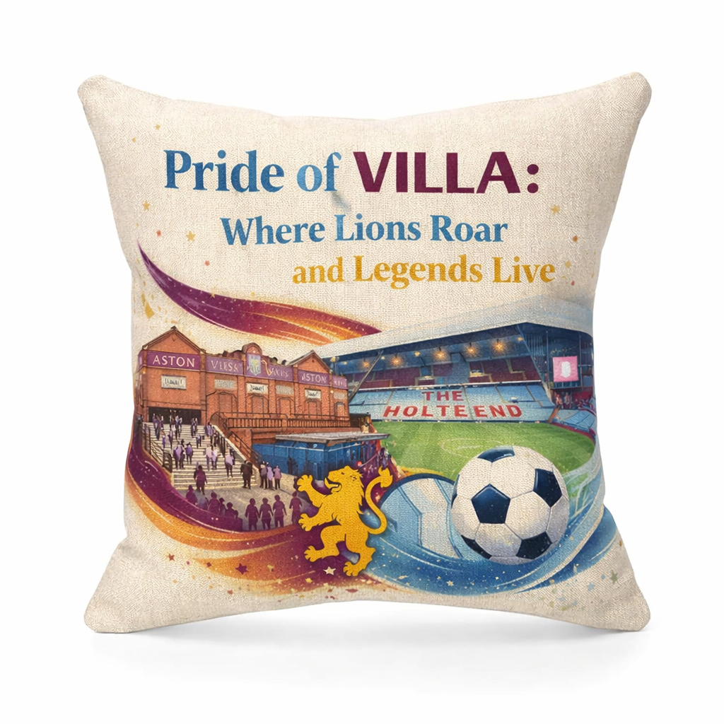 Aston Villa Football Linen Effect Cushion Cover Gift - 40cm x 40cm Lionheart Vibes for Fans
