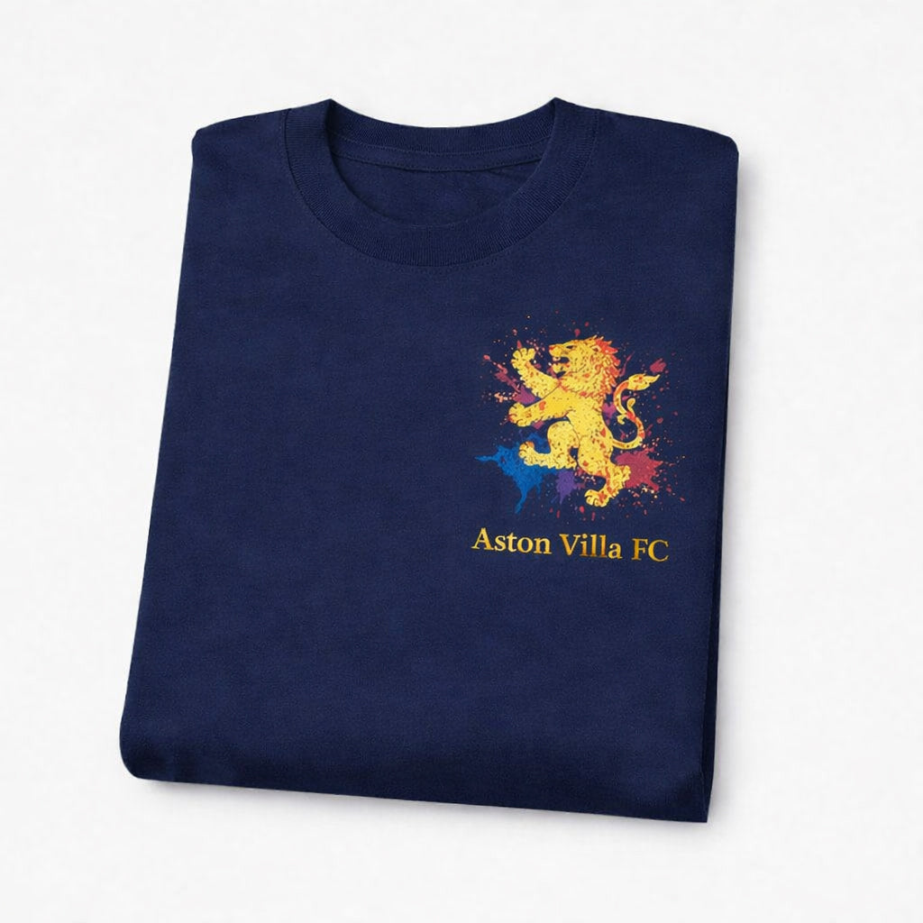 Men's Navy Blue T-Shirt with Yellow Lion Graphic - Aston Villa Fan Gift - Unique Lionheart Splash Design