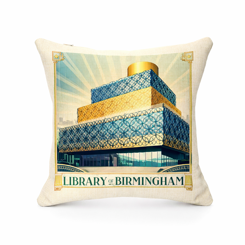 Golden Bibliotheca Linen Effect Cushion Cover Gift - Unique Birmingham Cushion with Geometric Gold & Blue Design