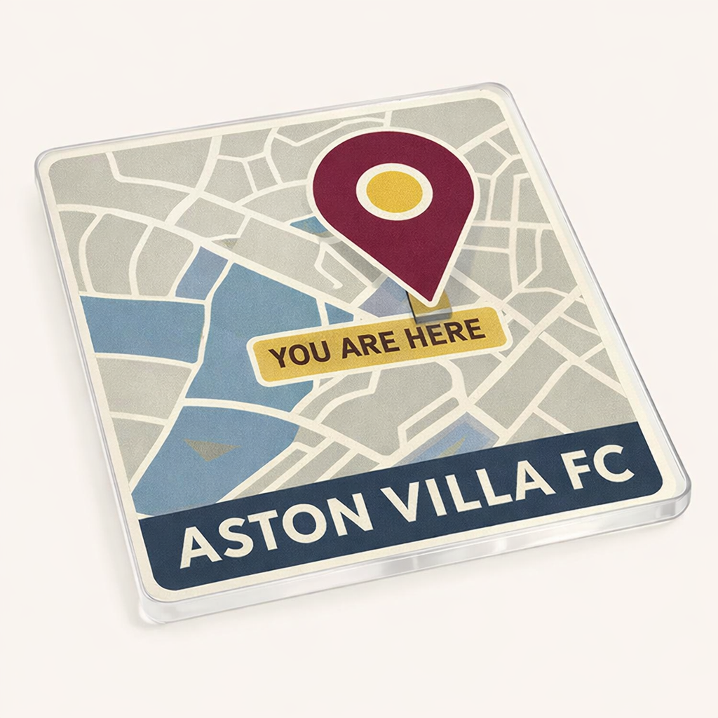 Aston Villa FC Acrylic Coaster Gift - Modern Map Design with 'You Are Here' Pin - Stylish Football Fan Present