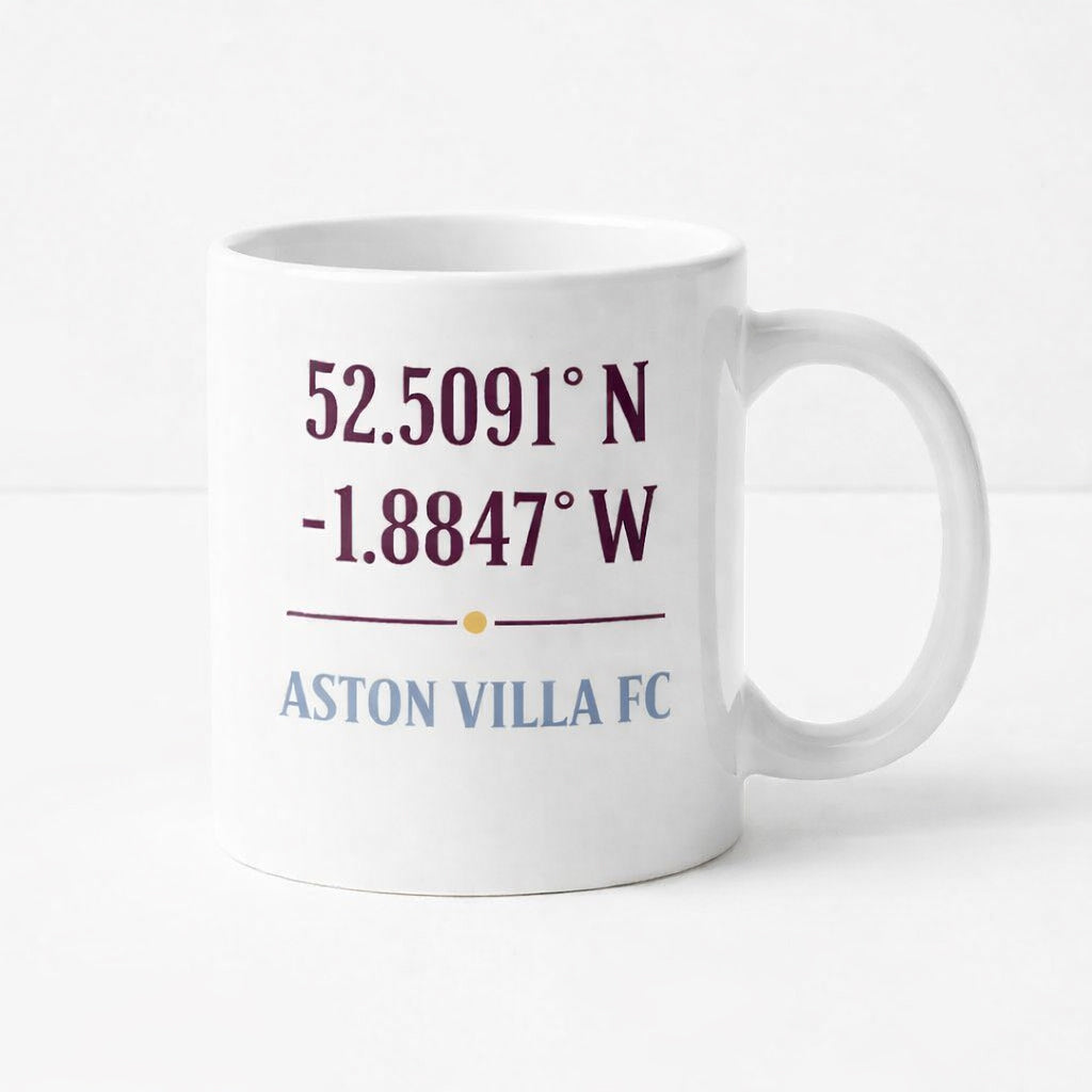 Aston Villa FC White Ceramic Mug Gift - Minimalist Football Supporter Cup with Coordinates Design