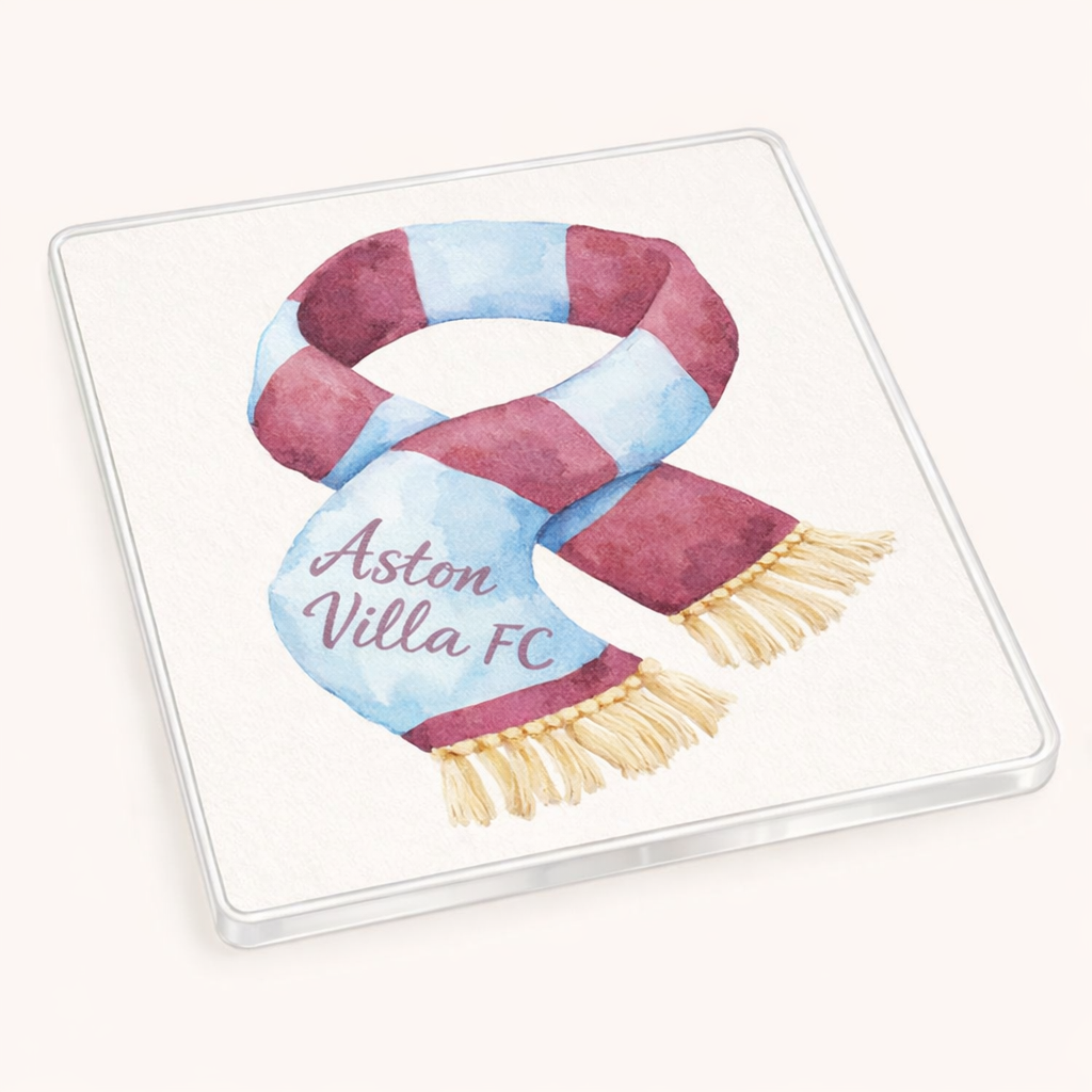 Aston Villa Football Acrylic Coaster Gift - Vibrant Claret and Sky Blue Watercolour Design for Fans