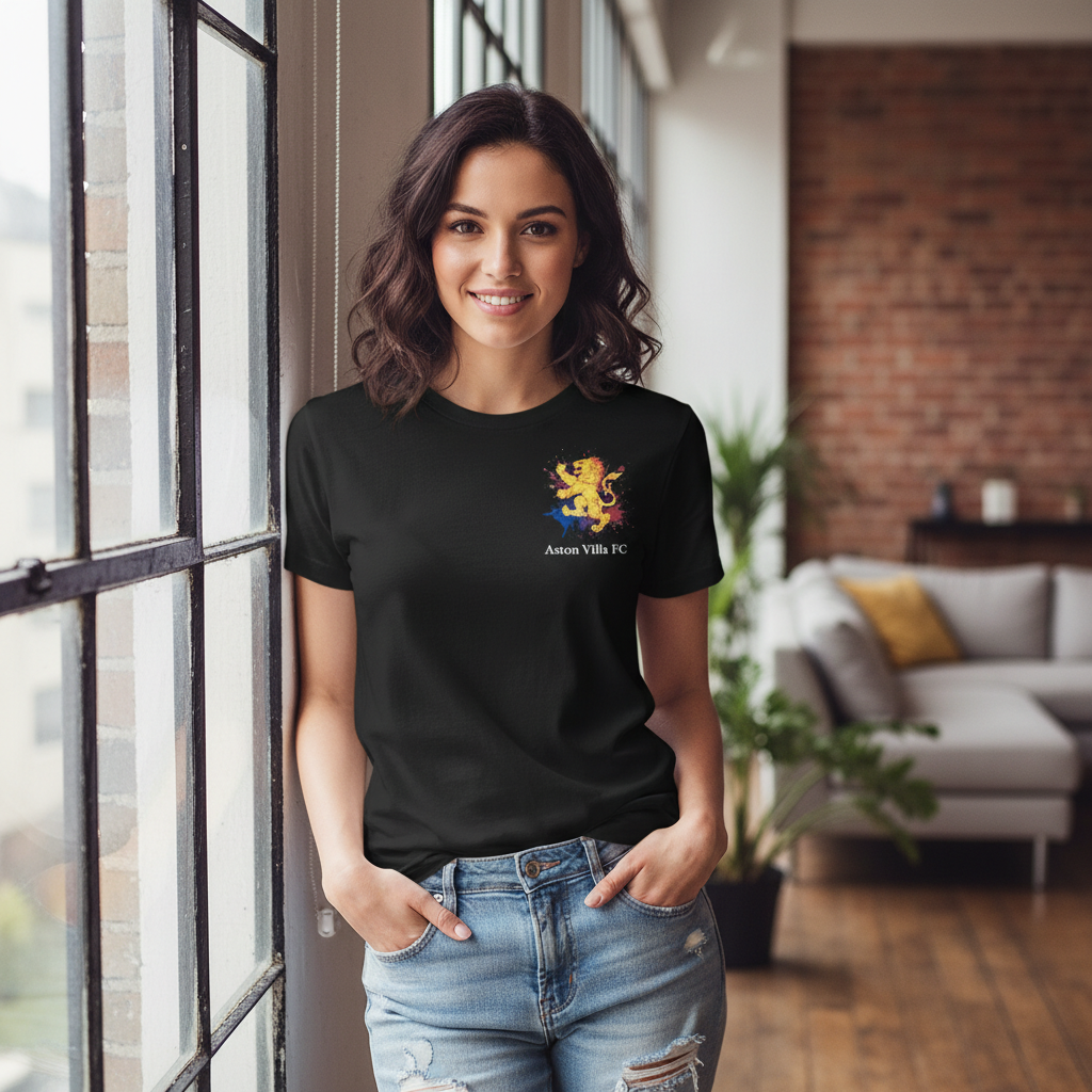 Men's Navy Blue T-Shirt with Yellow Lion Graphic - Aston Villa Fan Gift - Unique Lionheart Splash Design