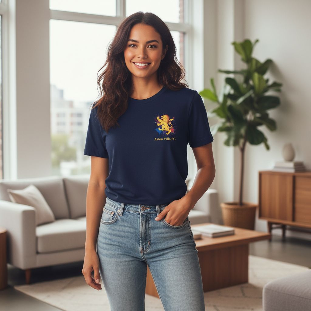 Men's Navy Blue T-Shirt with Yellow Lion Graphic - Aston Villa Fan Gift - Unique Lionheart Splash Design