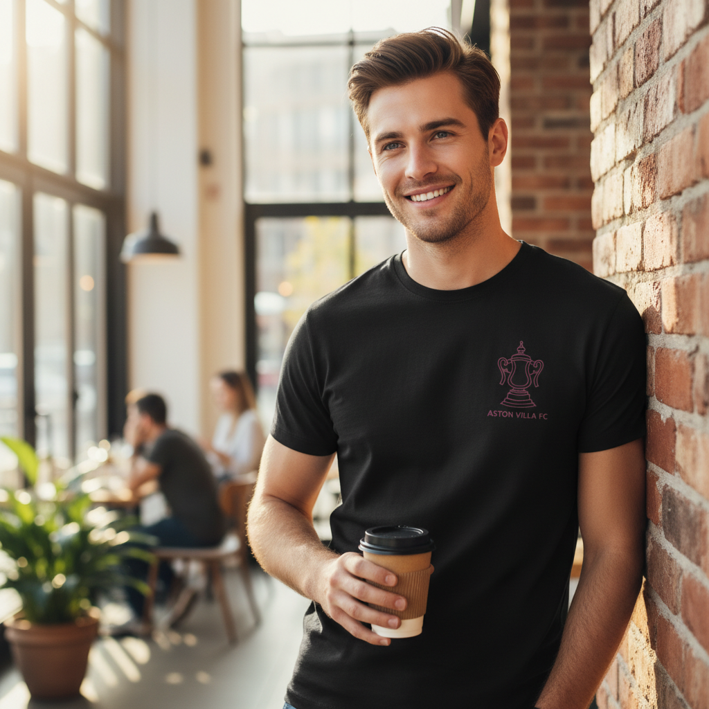 Aston Villa Victory Outline T-Shirt Gift - Minimalist Maroon Trophy Fan Apparel for Aston Villa Enthusiasts