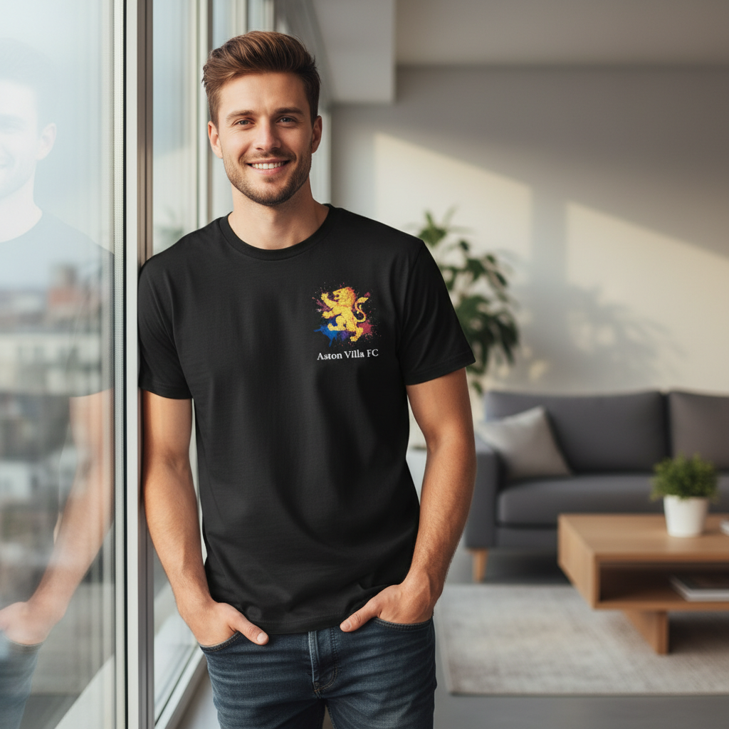 Men's Navy Blue T-Shirt with Yellow Lion Graphic - Aston Villa Fan Gift - Unique Lionheart Splash Design
