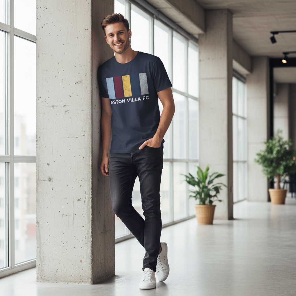 Aston Villa FC Minimalist T-Shirt Gift - 100% Cotton Modern Stripes Design for Football Fans