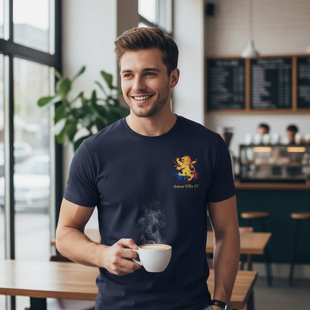 Men's Navy Blue T-Shirt with Yellow Lion Graphic - Aston Villa Fan Gift - Unique Lionheart Splash Design