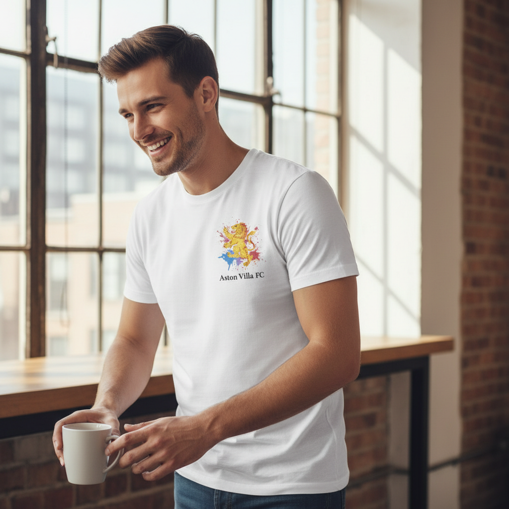 Men's Navy Blue T-Shirt with Yellow Lion Graphic - Aston Villa Fan Gift - Unique Lionheart Splash Design
